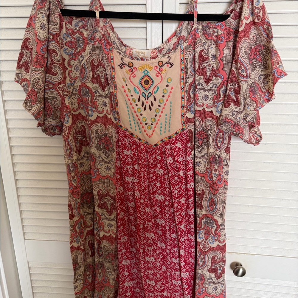 Flying Tomato Red Paisley Embroidered Cold-Shoulder Tunic
